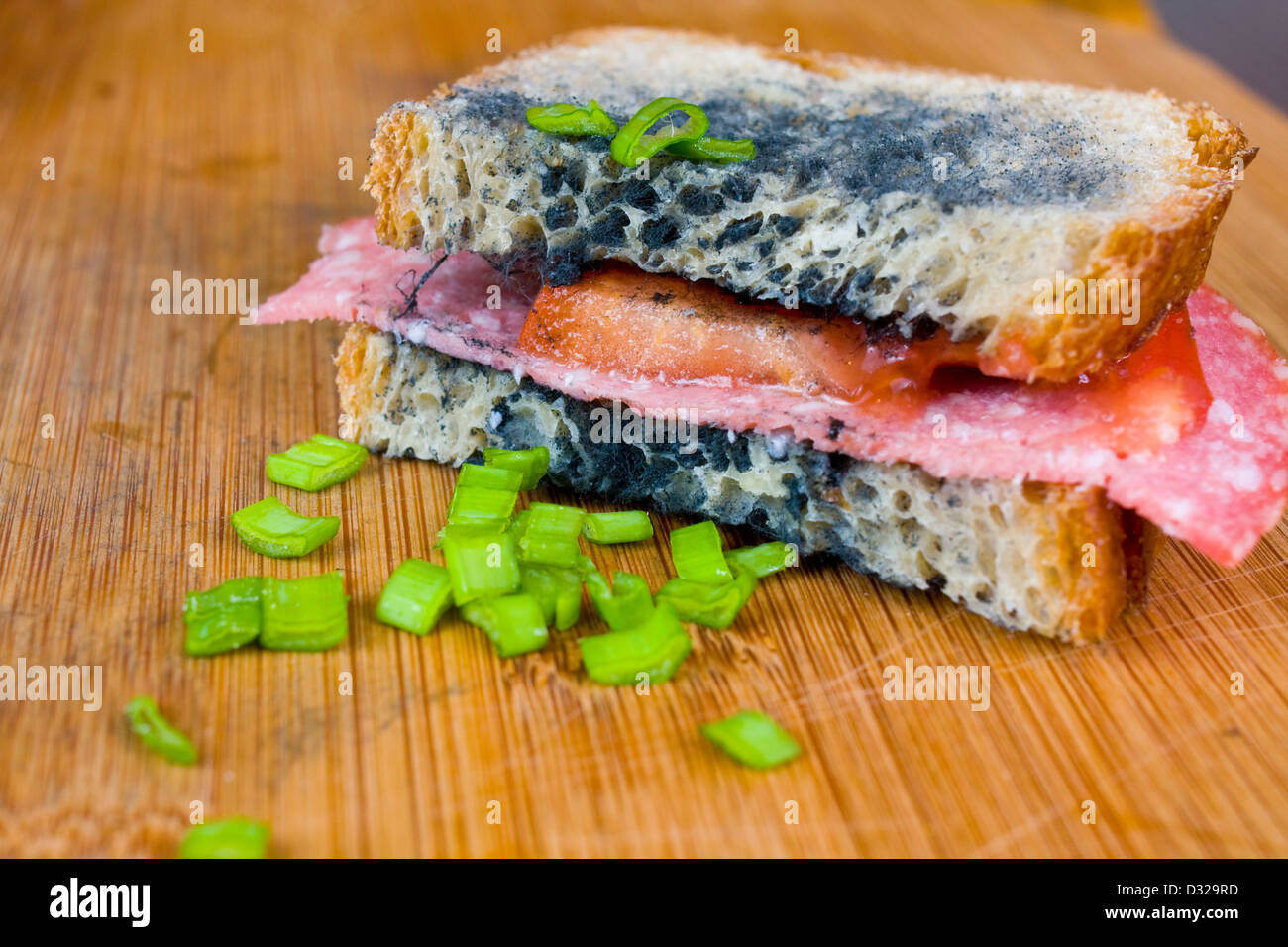 schimmelige Sandwich mit Salami, Tomaten auf einem Schneidebrett Stockfoto