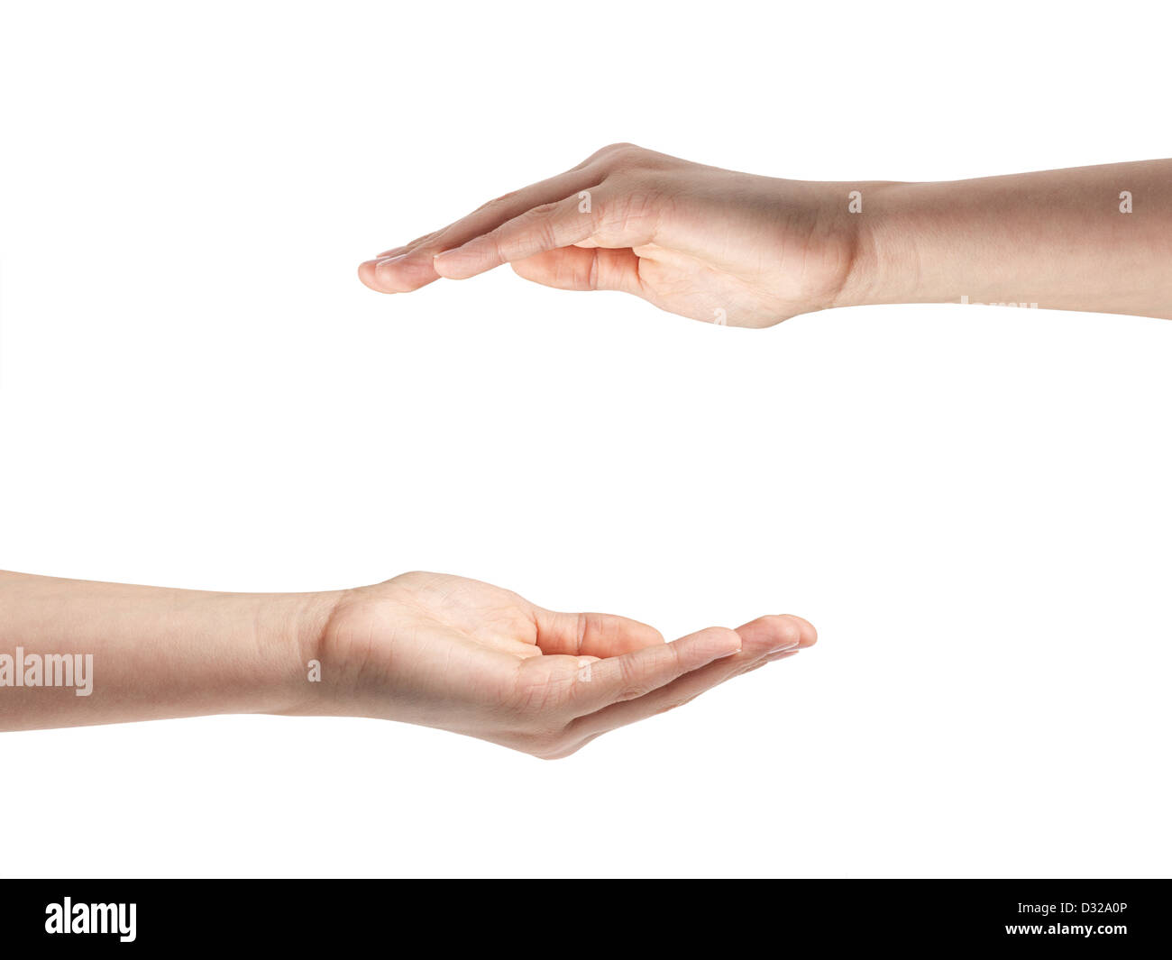 Weibliche Teenager Hände zeigt Schutzkonzept, isoliert auf weiss Stockfoto