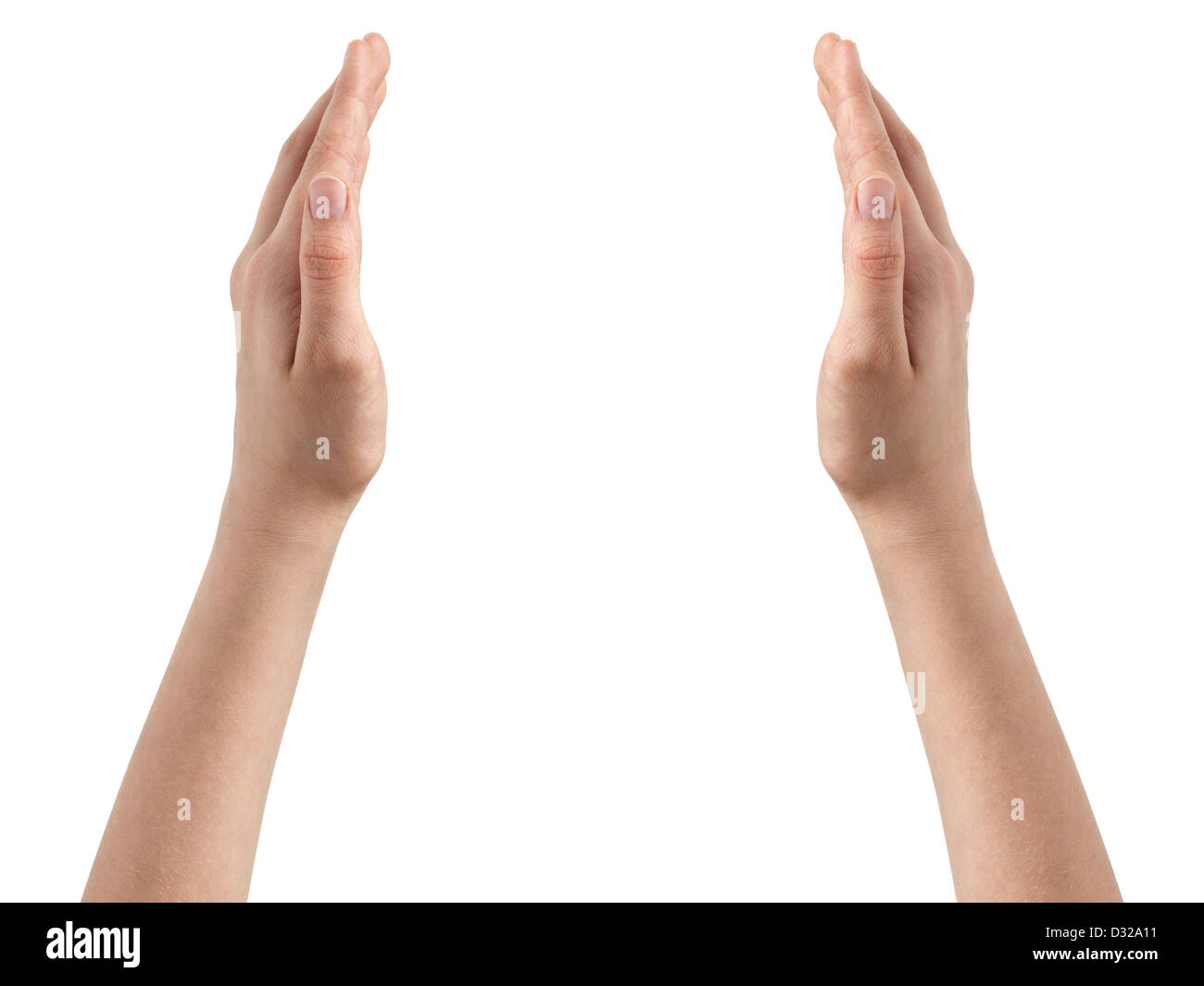 Weibliche Teenager Hände zeigt Schutzkonzept, isoliert auf weiss Stockfoto