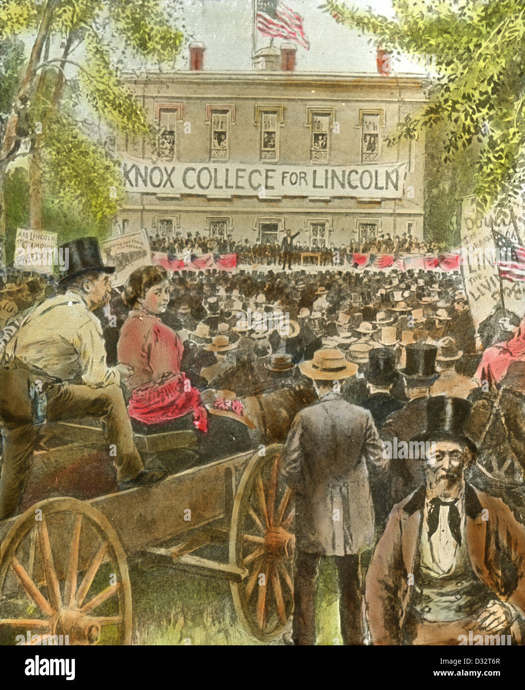 Ca. 1900 Hand getönt Bild, der Lincoln-Douglas-Debatte in Galesburg, Illinois. Stockfoto