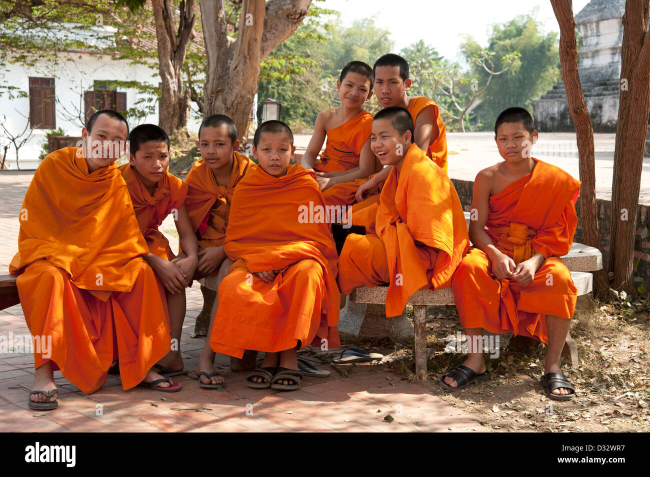 Eine Gruppe von acht fröhlich lächelnden Mönchen sitzt um einen Tempel Luang Prabang Laos Stockfoto