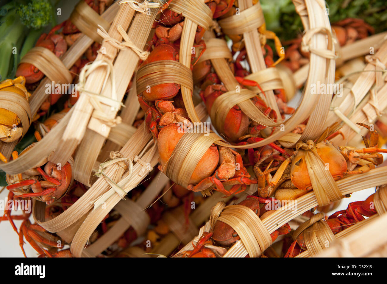 Kleine gekochte Fluss krabben gebunden in Luang Prabang in Laos zu Bambus Stockfoto