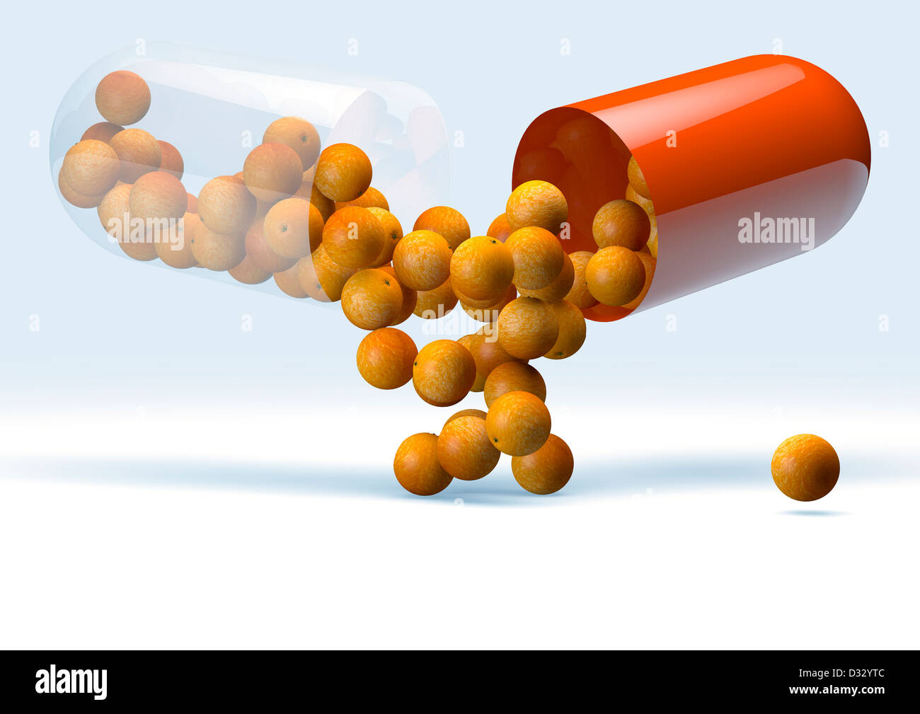 Vitamin C - Konzept 3D-Rendering einer Pille/Kapsel mit winzigen Orangen, die austreten Stockfoto