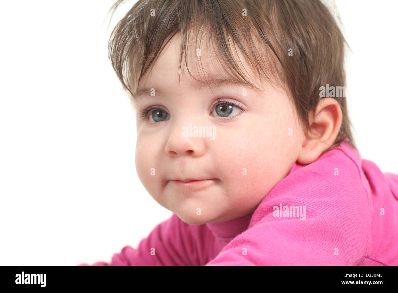 Baby mit einer gerechten wachte Gesicht auf einem weißen Hintergrund isoliert Stockfoto