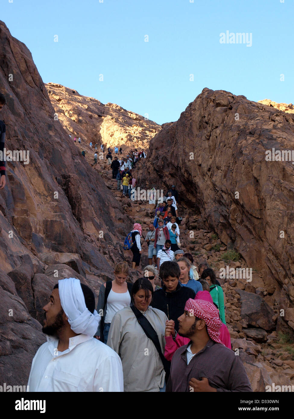 Pilger und Touristen Wandern Sie von Mt Sinai morgens nach Sonnenaufgang. Stockfoto