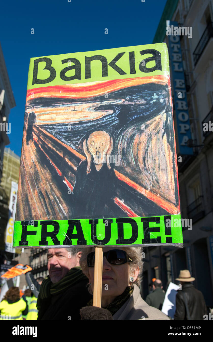 Demonstration von älteren Demonstranten, die ihre Ersparnisse in Bankia Vorzugsaktien verloren haben Stockfoto