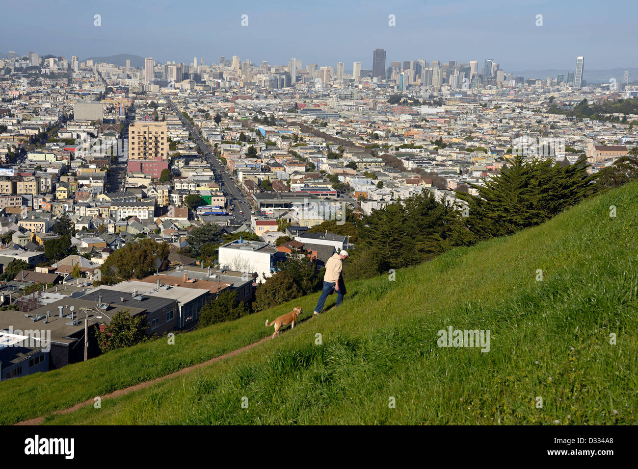 Mann zu Fuß Hund Bernal Heights Park San Franciso Stockfoto