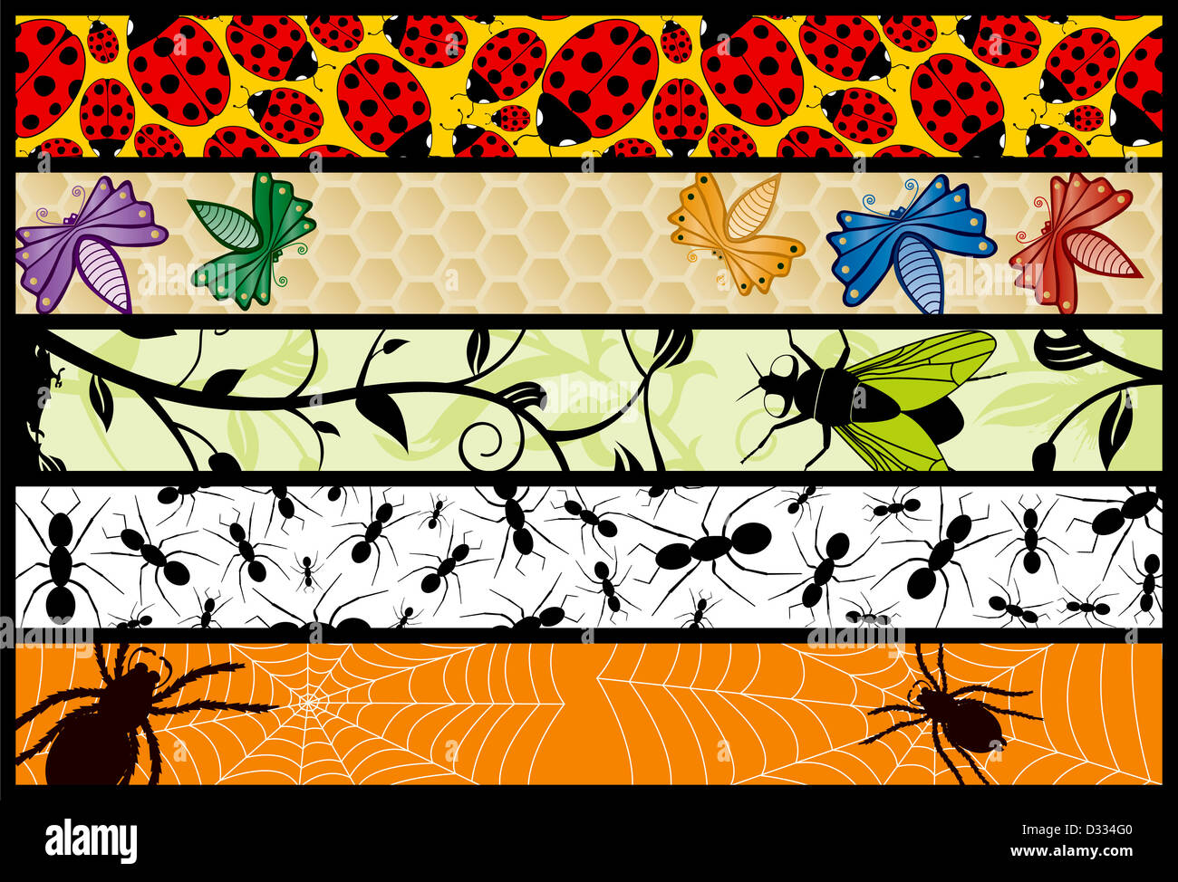 Fünf Insekt Web-Banner Stockfoto