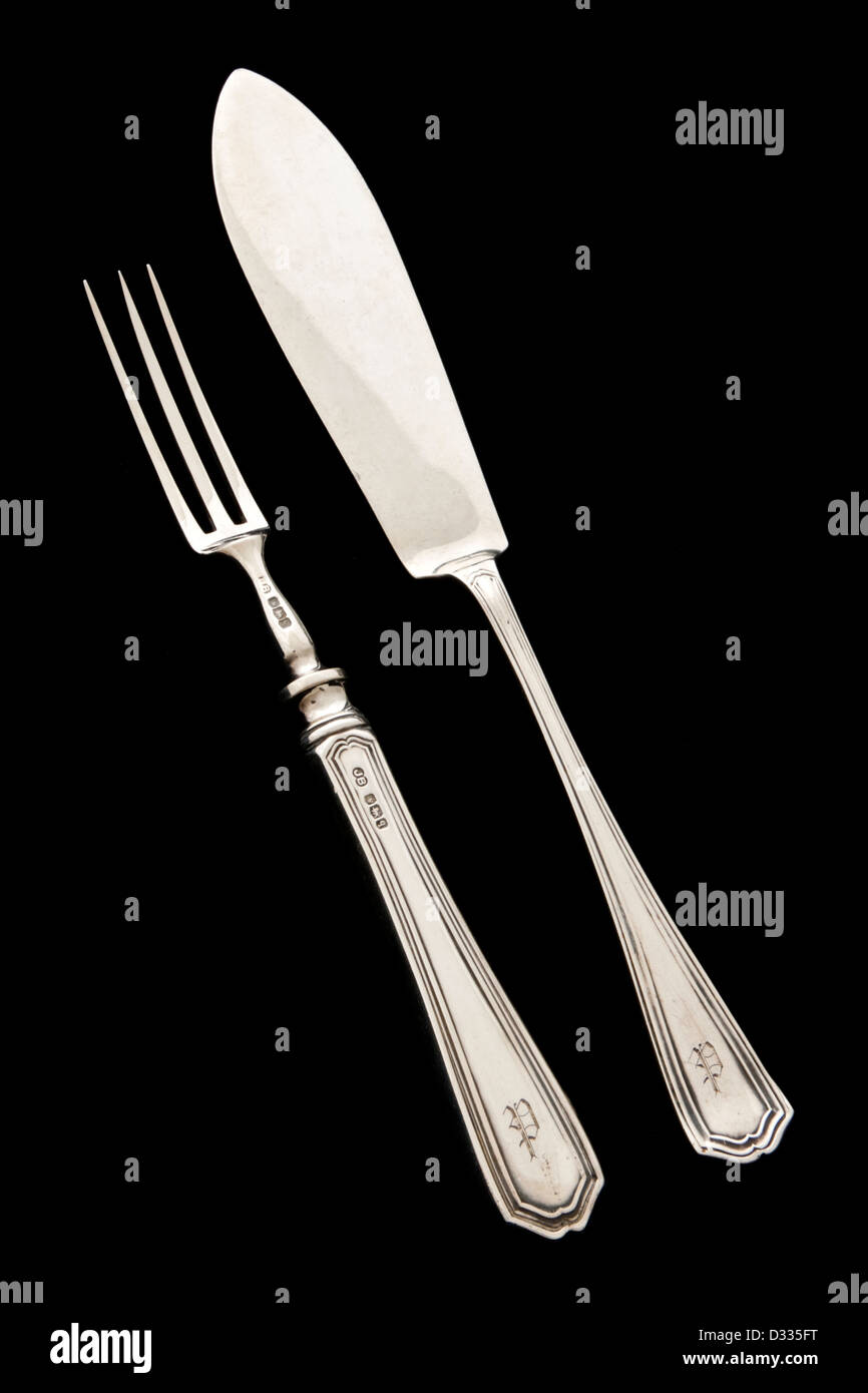 Vintage massivem Sterling Silber Fischmesser und Gabel von John Biggin Ltd. Hallmarked Sheffield 1933. Stockfoto