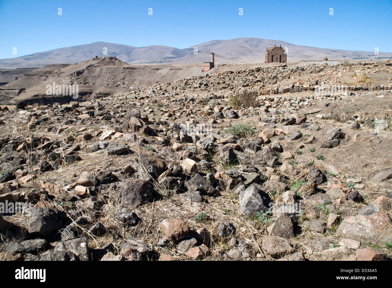 Ruinen der mittelalterlichen armenischen Stadt von Ani, befindet sich in der Ost-Anatolien-Region der Türkei an der Grenze zu Armenien. Stockfoto