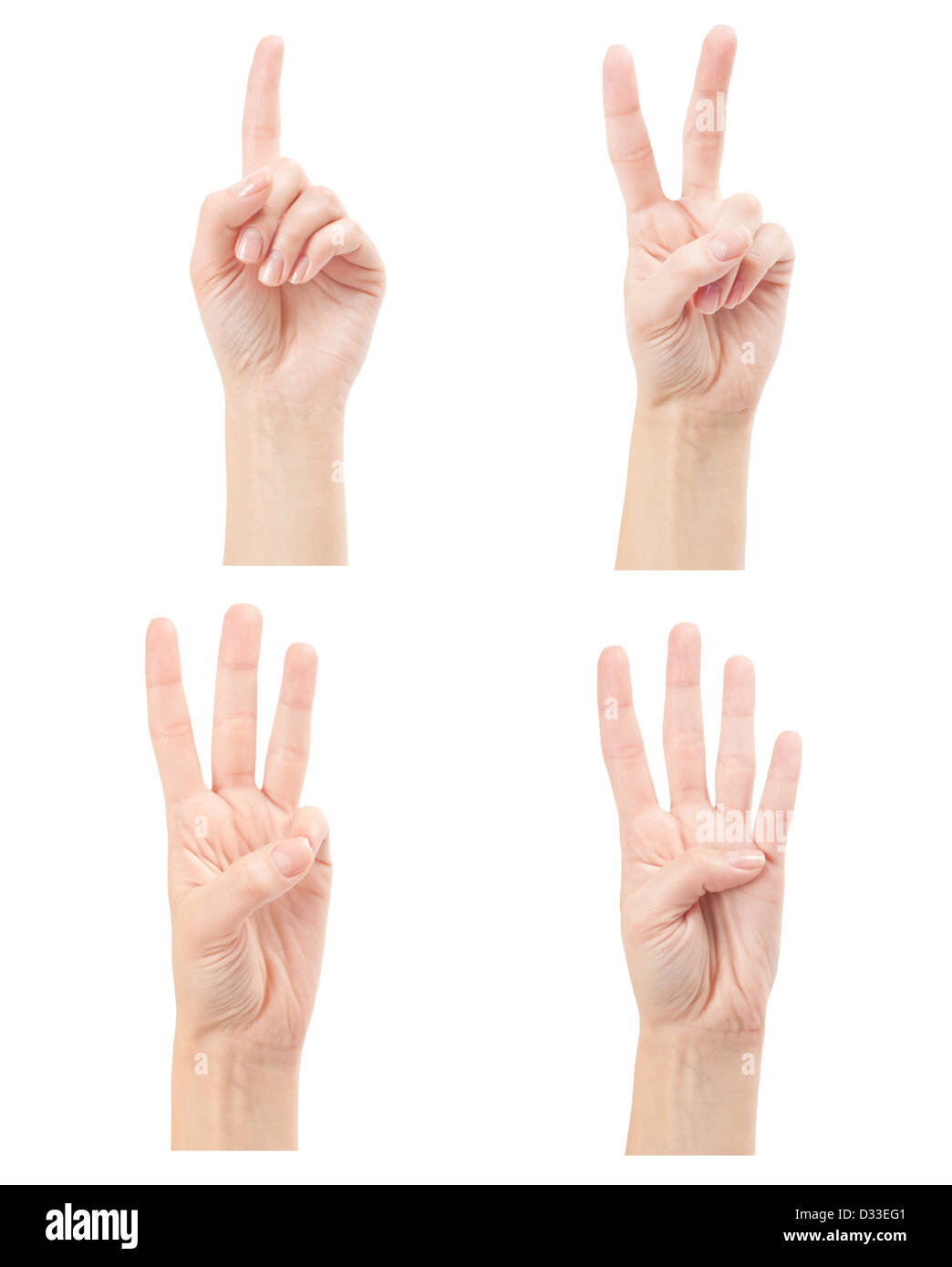 Zählen Frau Hände (1 bis 4) isoliert auf weißem Hintergrund Stockfoto
