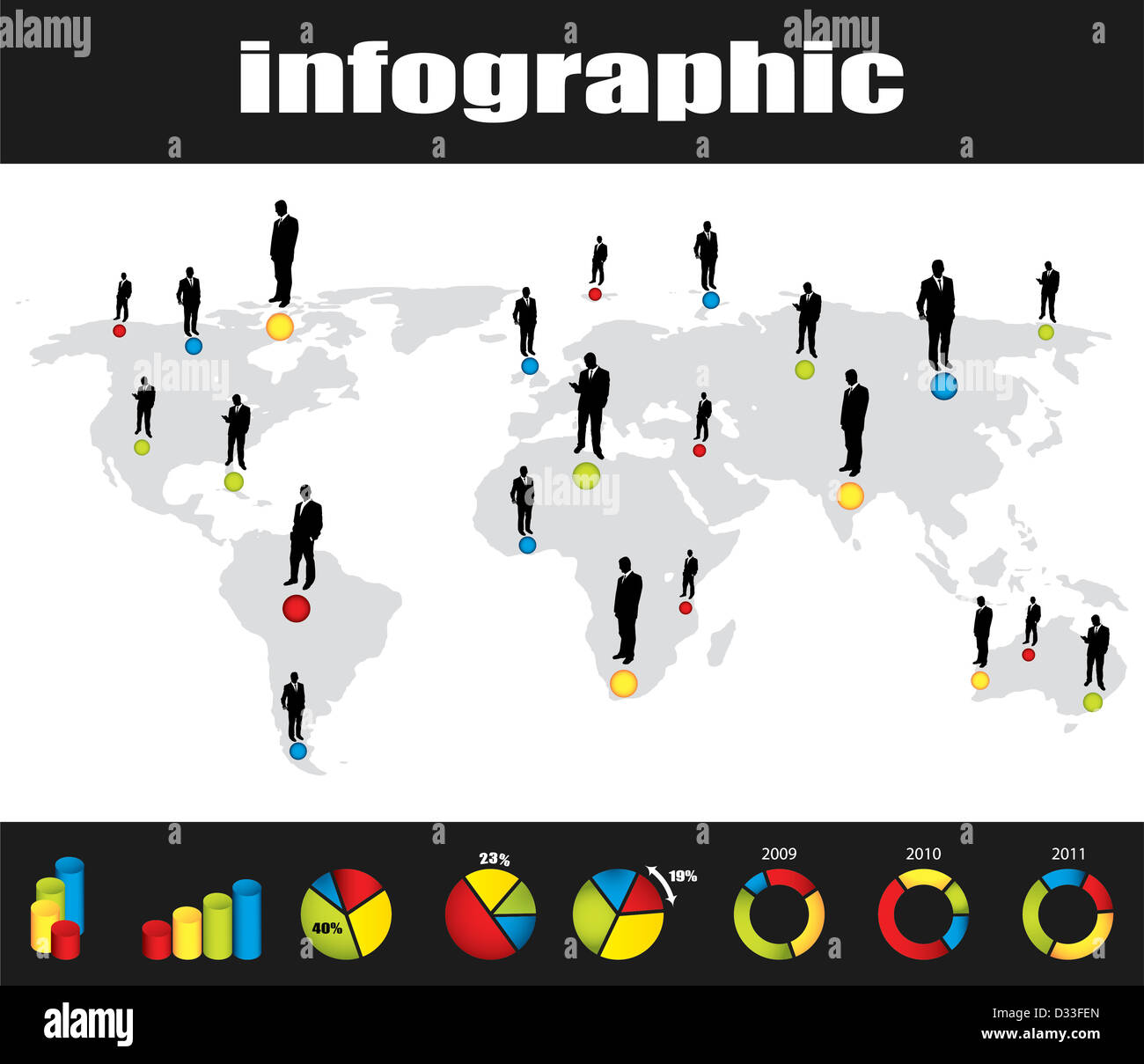 Bunte Infografik und Geschäftsmann Kollektion von silhouette Stockfoto