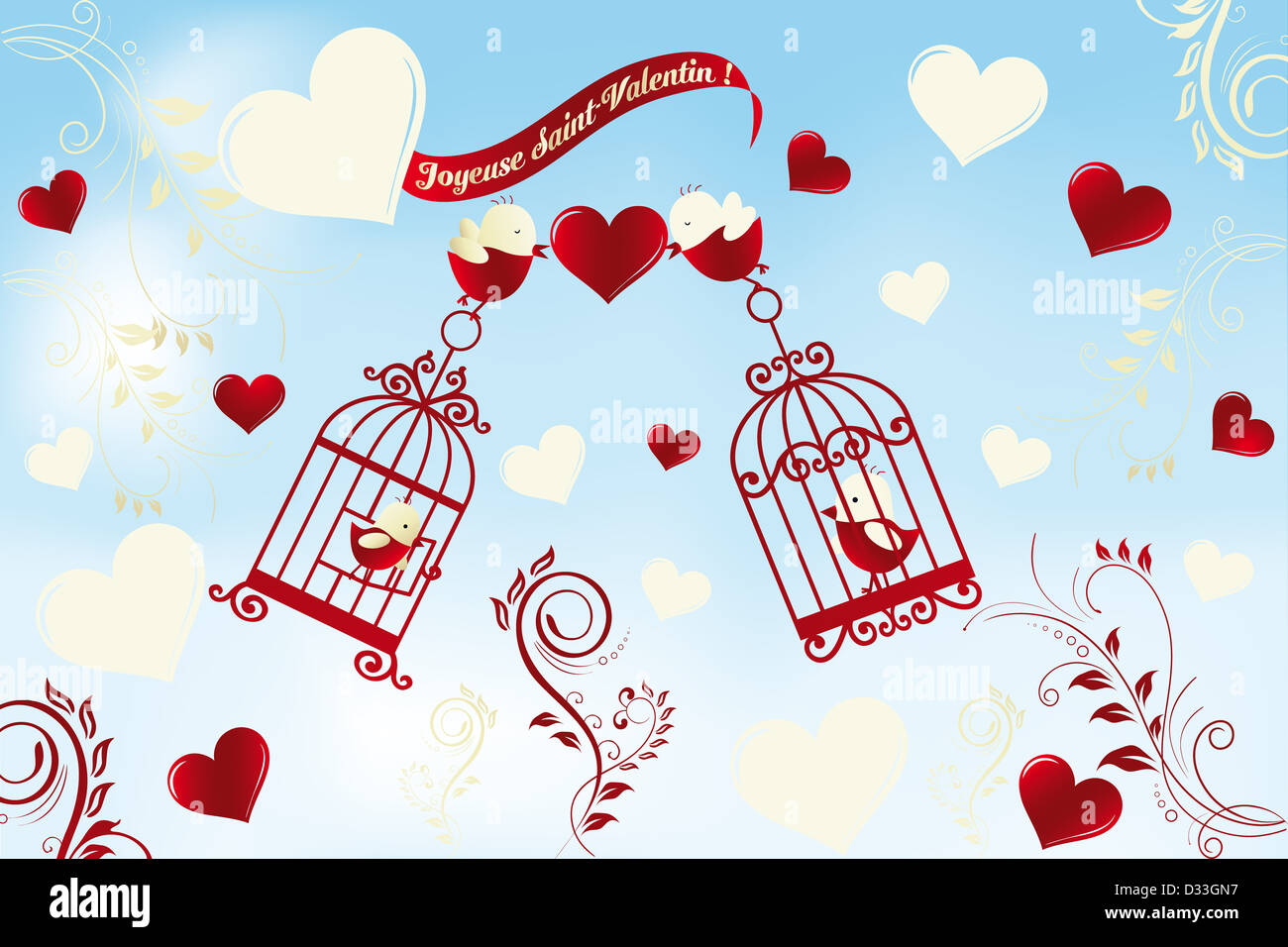 Valentinstag Karte In Franzosischer Sprache Joyeuse Saint Valentin Vogel In Liebe Loungeposter Stil Mit Floralen Gestaltungselemente Er Stockfotografie Alamy