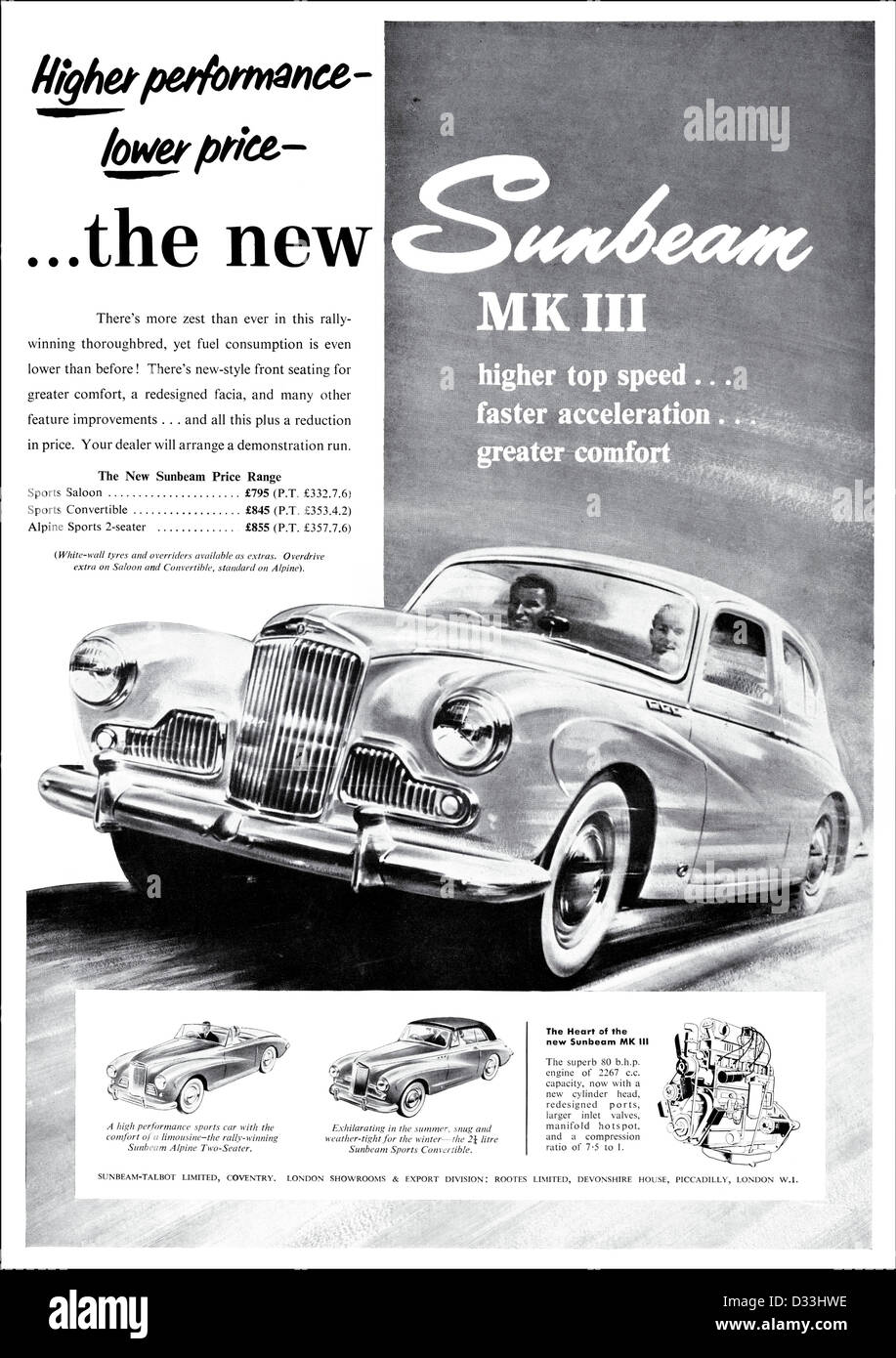 Original 1950er Jahre Vintage Printwerbung aus englischen Zeitschriftenwerbung SUNBEAM Mk III Auto Stockfoto