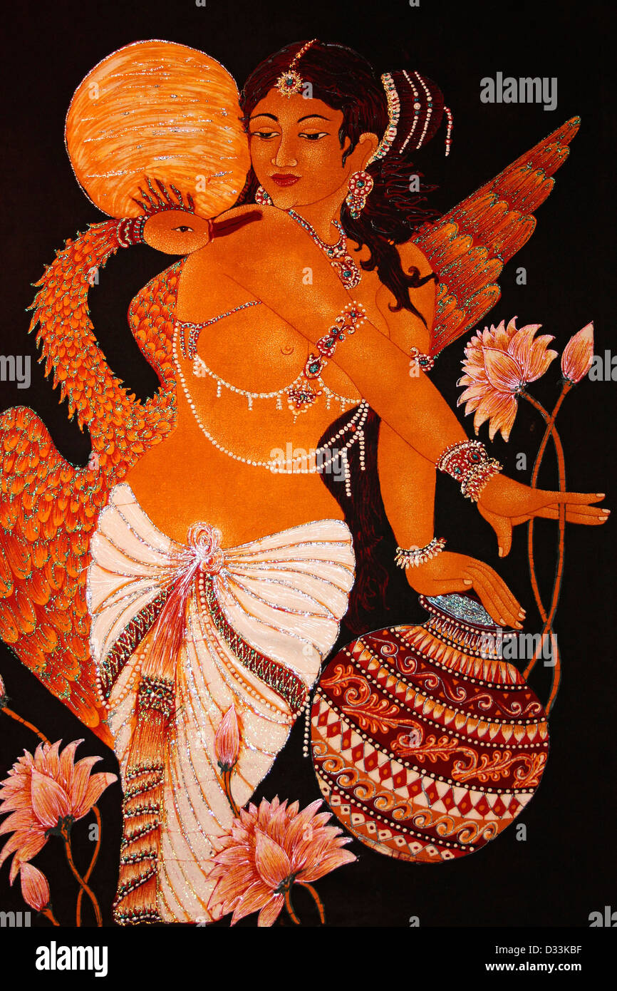 Eine moderne Sri Lankan Batik mit Frau tanzt mit Pfau Stockfoto