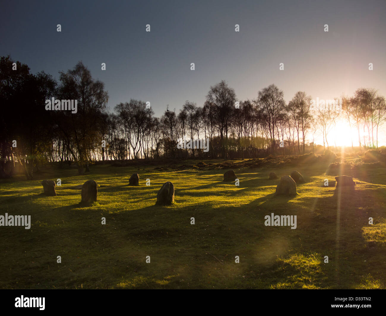 Steinkreis Stanton Moor fordert neun Damen in der Derbyshire Peak District aus der Bronzezeit Stockfoto