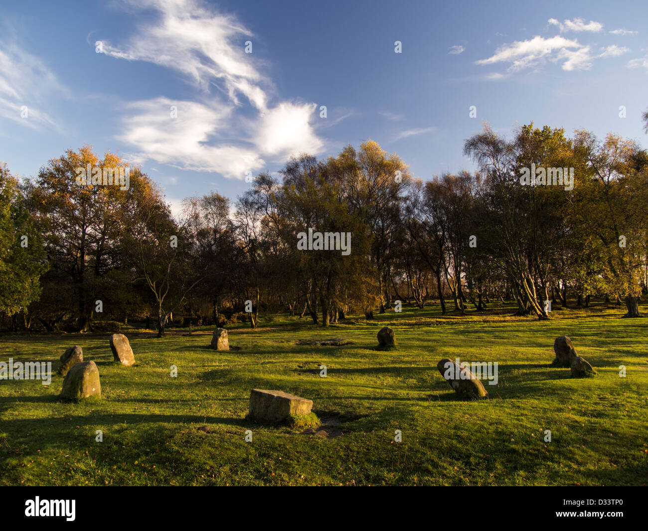 Steinkreis Stanton Moor fordert neun Damen in der Derbyshire Peak District aus der Bronzezeit Stockfoto