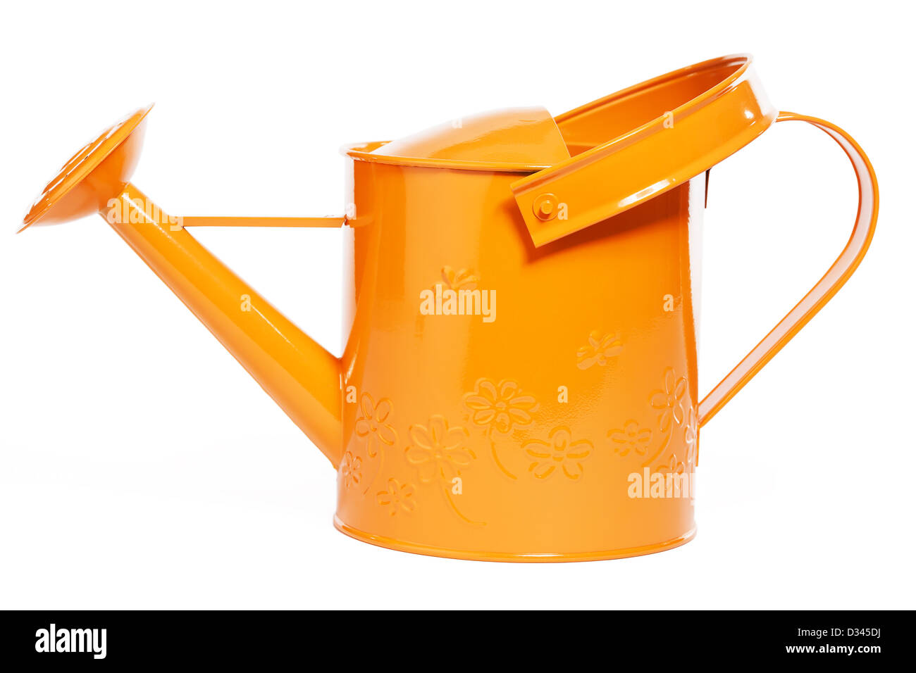 Orange Gießkanne auf weißem Hintergrund Stockfoto