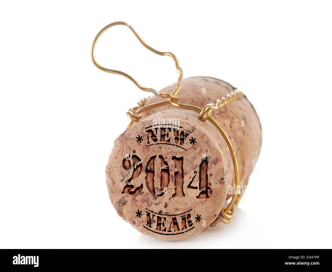 Sektkorken mit Neujahr 2014 Impressum auf weißem Hintergrund Stockfoto