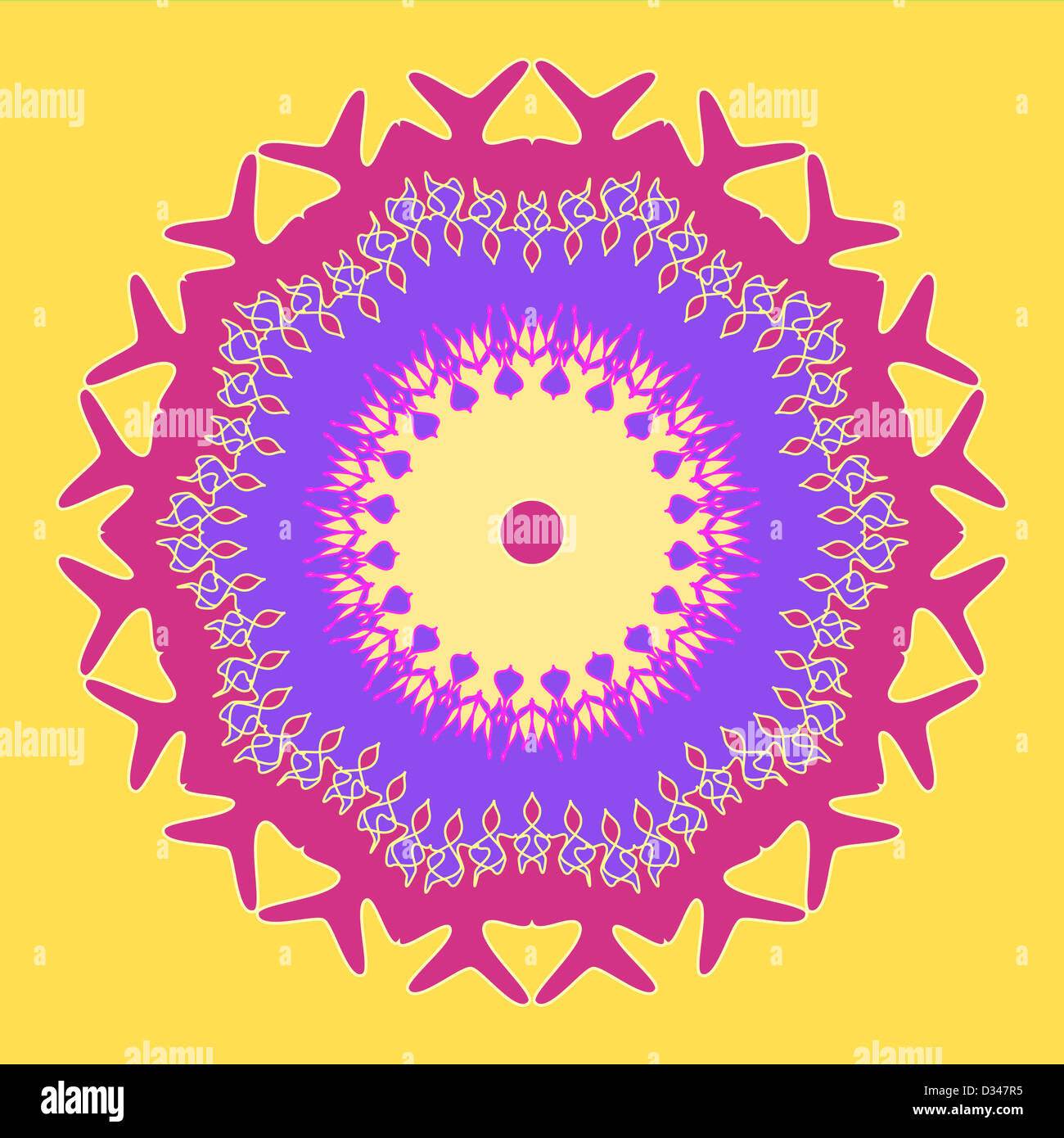 Künstlerische Blumenmuster in rosa und violett auf gelb Stockfoto