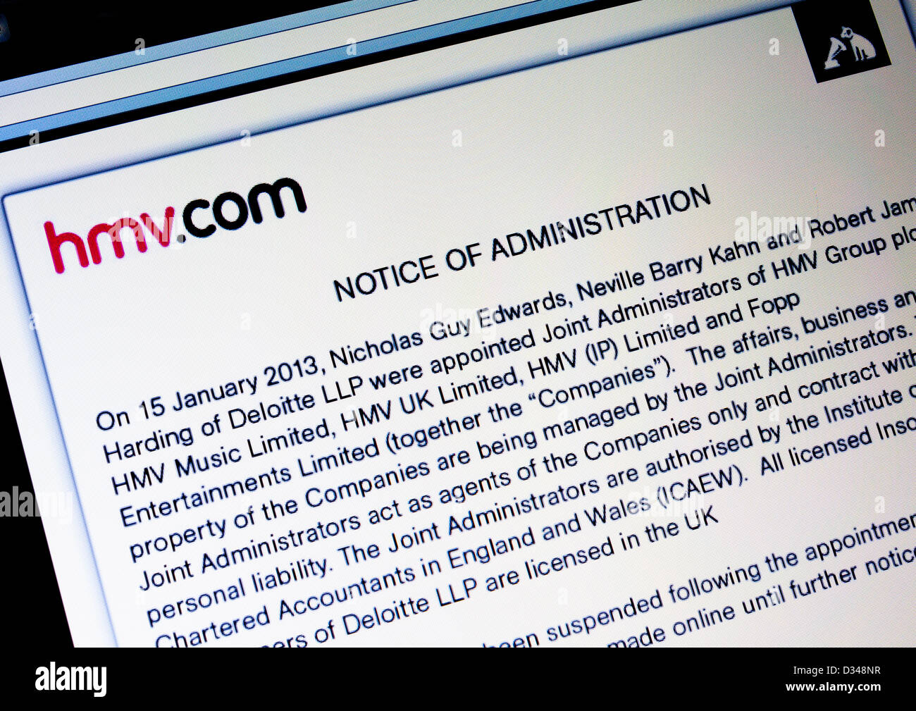 Nahaufnahme von HMV Webseite bekannt, dass die UK-Musik-cd-Spiele basierten und DVD-Händler Verwaltung im Januar 2013 getreten Stockfoto