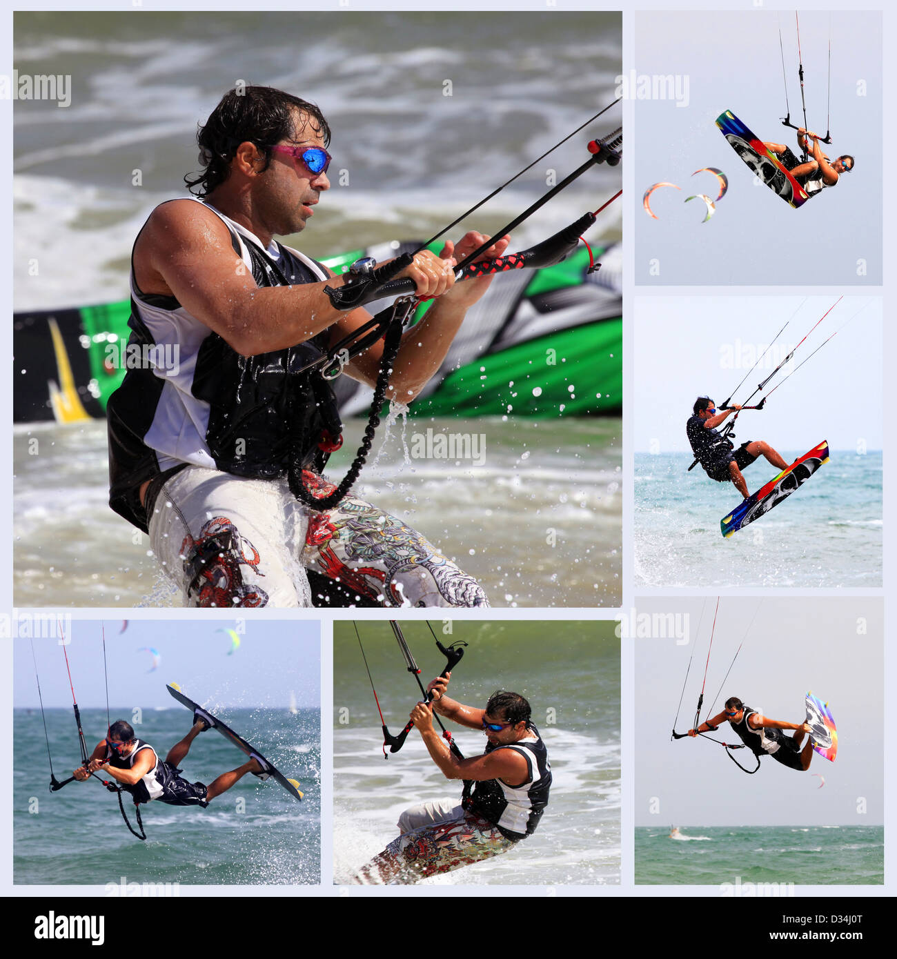 Collage aus 6 Fotos Kiteboarder viel Spaß beim Surfen im Wasser. Vietnam Stockfoto