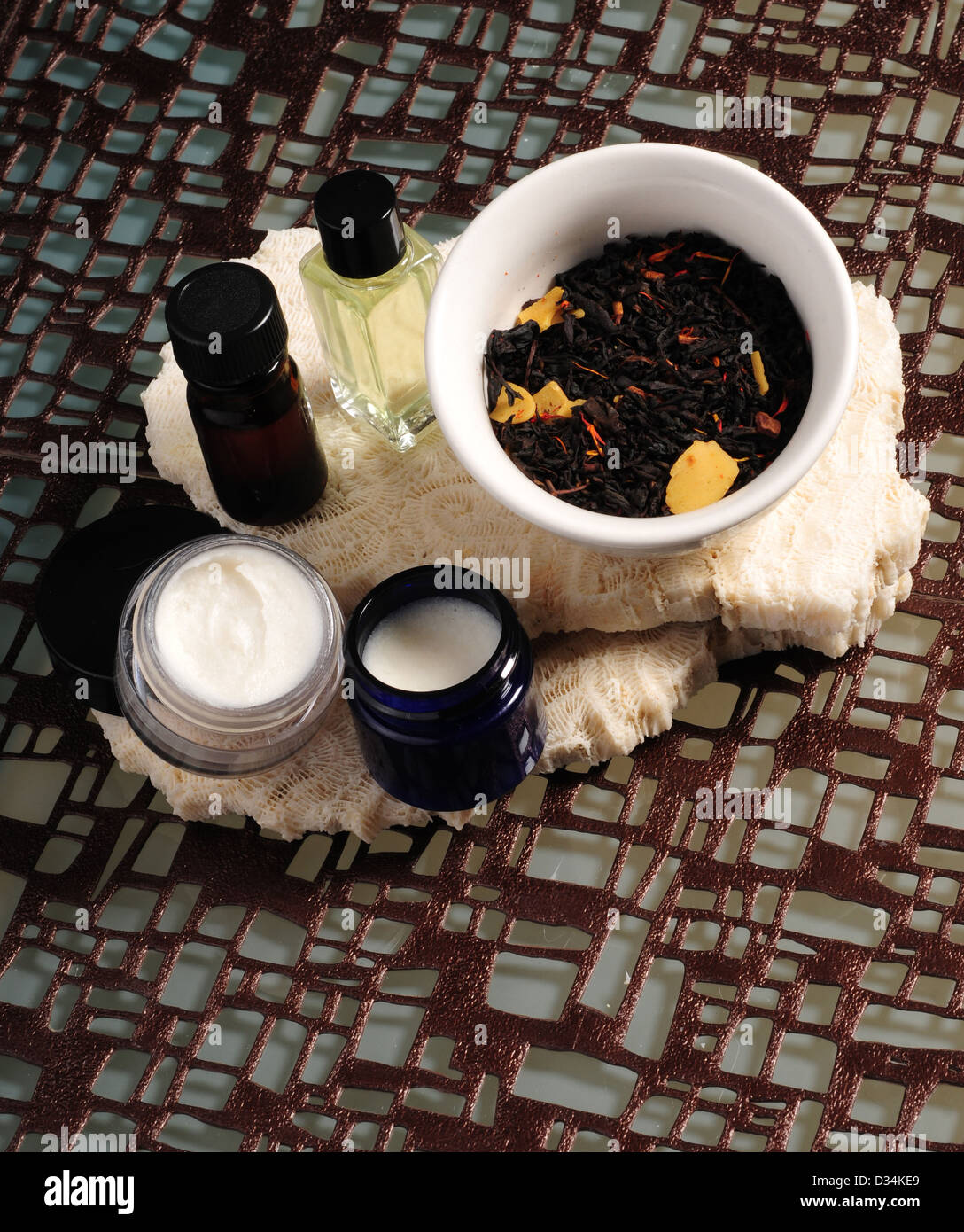 Aromatherapie mit Potpourri, ätherische Öle und Lotionen Stockfoto