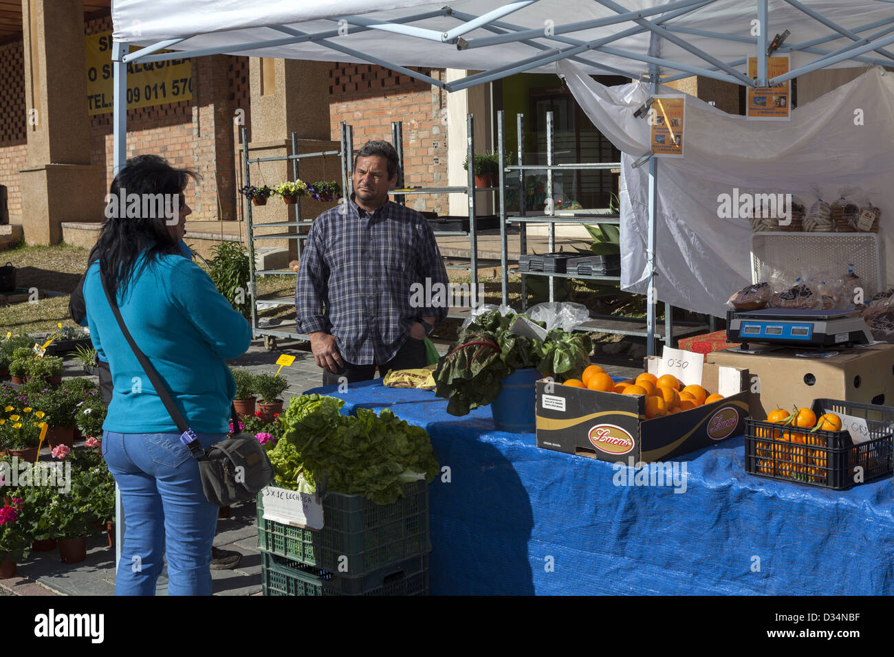 Kunden mit Standbesitzer stehen neben frischem Obst und Gemüse Marktstand Münze Andalusien Spanien Stockfoto