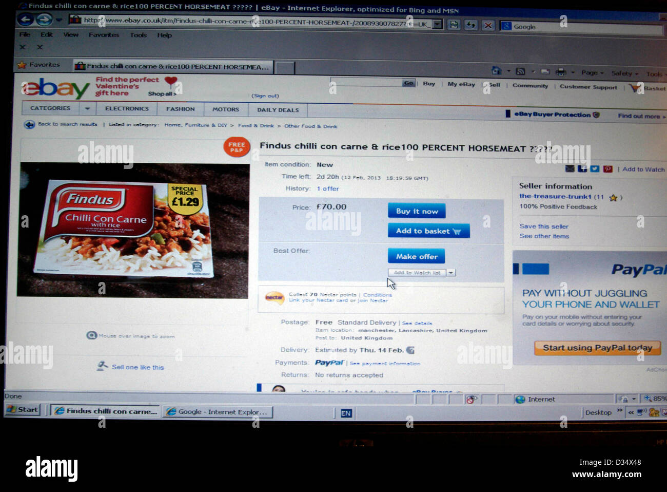 VEREINIGTES KÖNIGREICH. 9. Februar 2013. Wütend Verbraucher bieten Findus Fleischprodukte auf Ebay UK mit Spoof Beschreibungen nach Enthüllungen von Pferdefleisch verwendet anstelle von Rindfleisch, wie Wut in weiter verkaufen die "Pferdefleisch-Skandal. Stockfoto