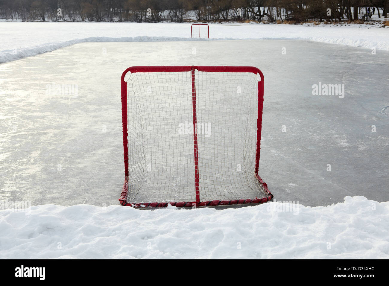 Hausgemachte Eishockeyfeld mit Tornetze Stockfoto