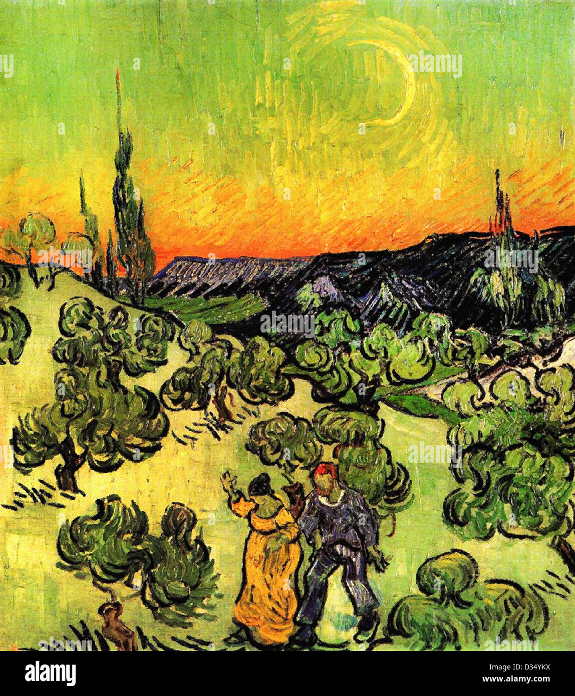 Vincent Van Gogh, Landschaft mit paar zu Fuß und Halbmond. 1890. Post-Impressionismus. Öl auf Leinwand. Stockfoto