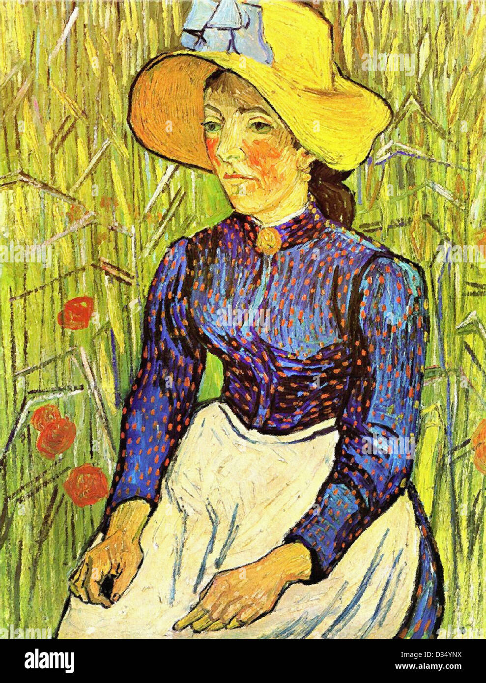 Vincent Van Gogh, junge Bäuerin mit Strohhut sitzt vor einem Weizenfeld. 1890. Post-Impressionismus. Öl auf Leinwand. Stockfoto