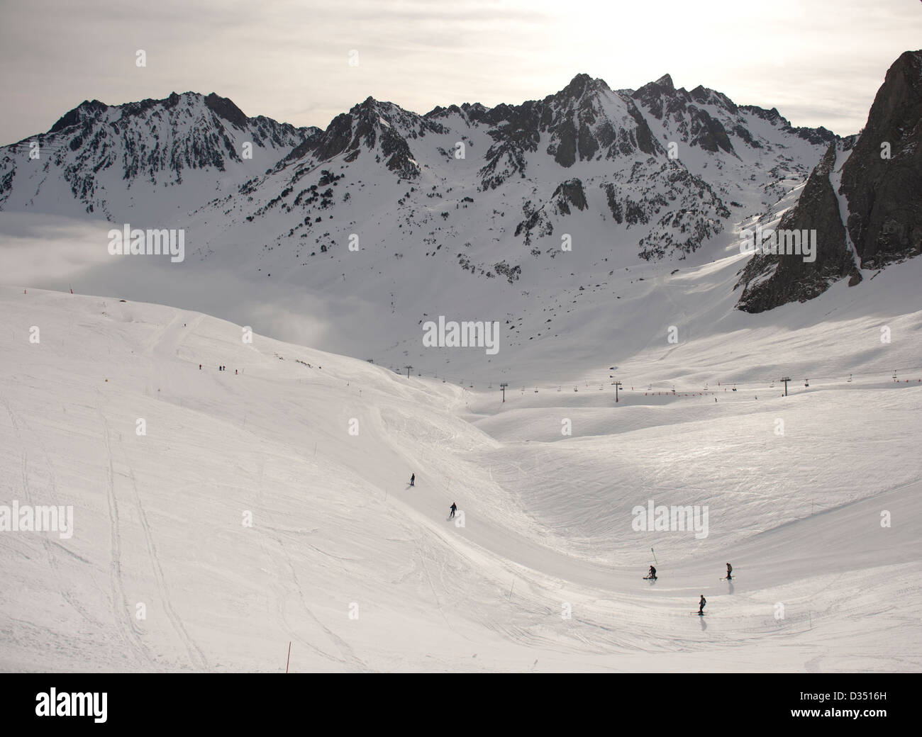 Die französischen Pyrenäen Skifahren im Winter, im Grand Tourmalet Skigebiet von La Mongie und Baréges, Hautes-Pyrénées, Frankreich Stockfoto