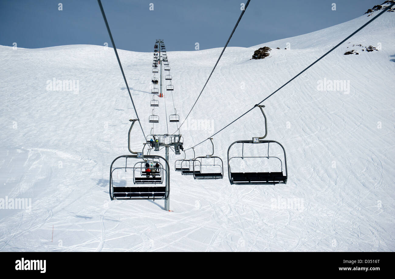 Die französischen Pyrenäen Skifahren im Winter, im Grand Tourmalet Skigebiet von La Mongie und Baréges, Hautes-Pyrénées, Frankreich Stockfoto