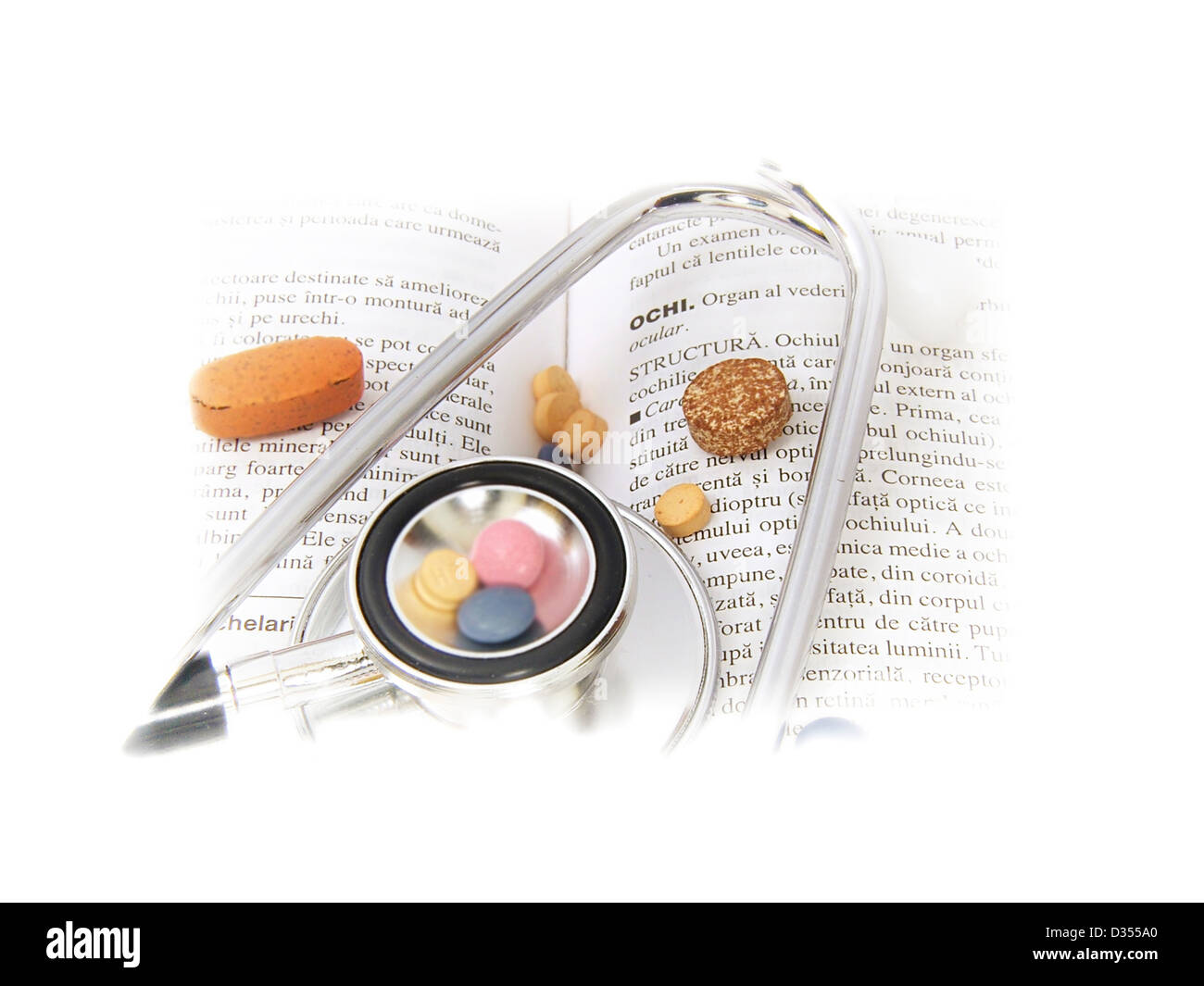 Stethoskop & Drogen auf medizinische Buch Stockfoto