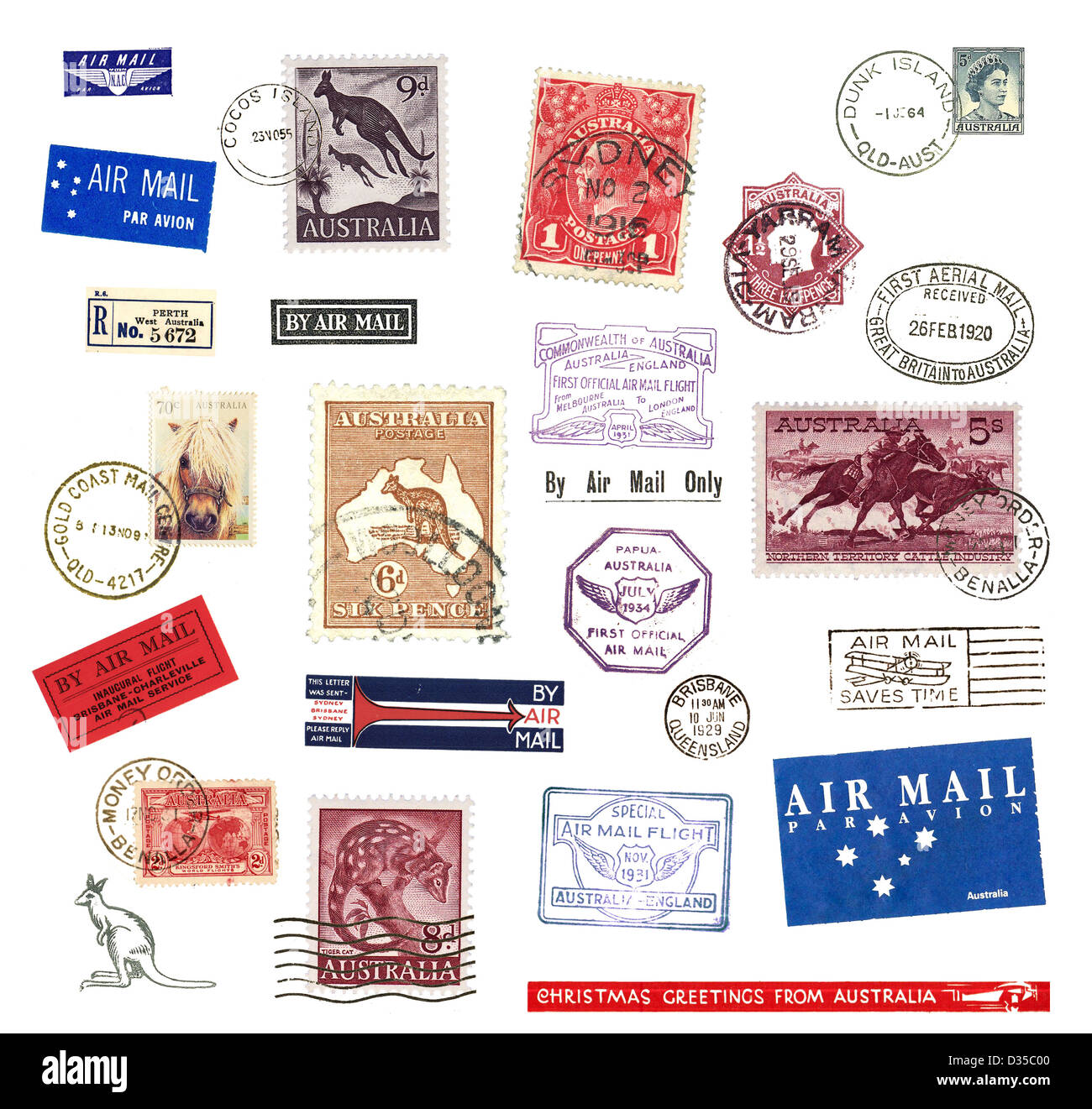 Briefmarken und Etiketten aus Australien, vor allem Vintage Luftpost Motive und nationale Symbole zeigen Stockfoto