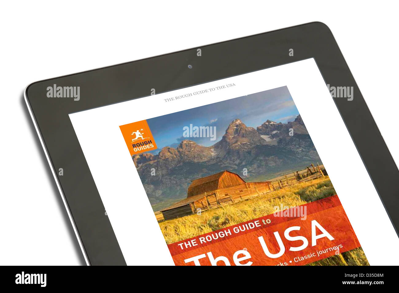 Einem Buch Rough Guide Reisen mit der Kindle-app auf einem Apple iPad 4. Genration Retina Display Tablettcomputer Stockfoto
