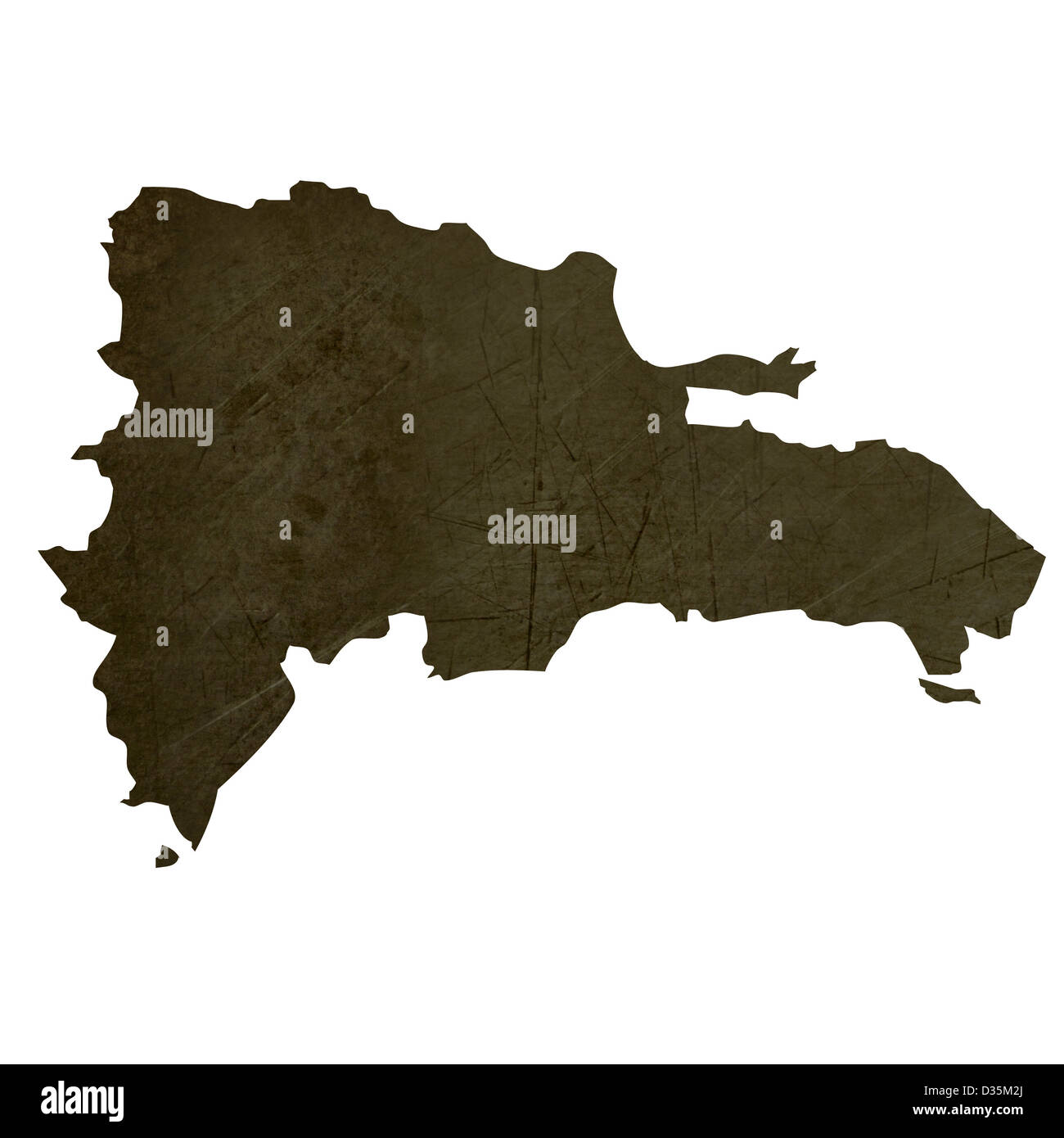 Dunkle Silhouette und strukturierte Karte der Dominikanischen Republik isoliert auf weißem Hintergrund. Stockfoto