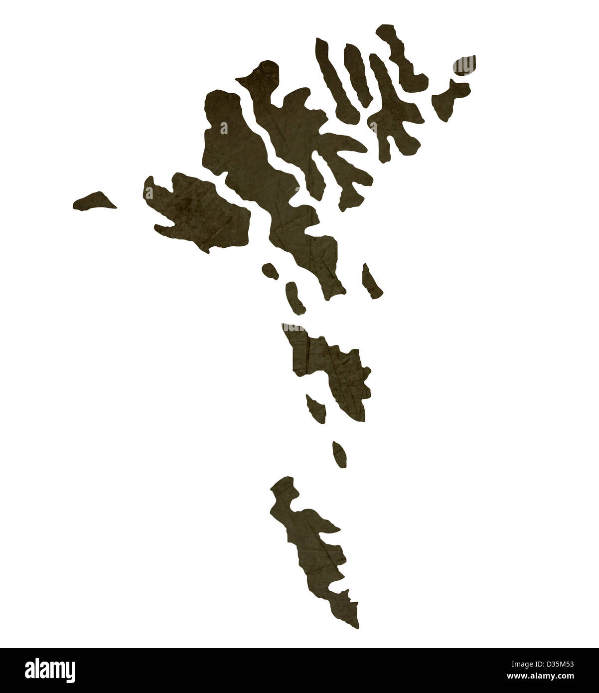 Dunkle Silhouette und strukturierte Karte der Färöer Inseln isoliert auf weißem Hintergrund. Stockfoto