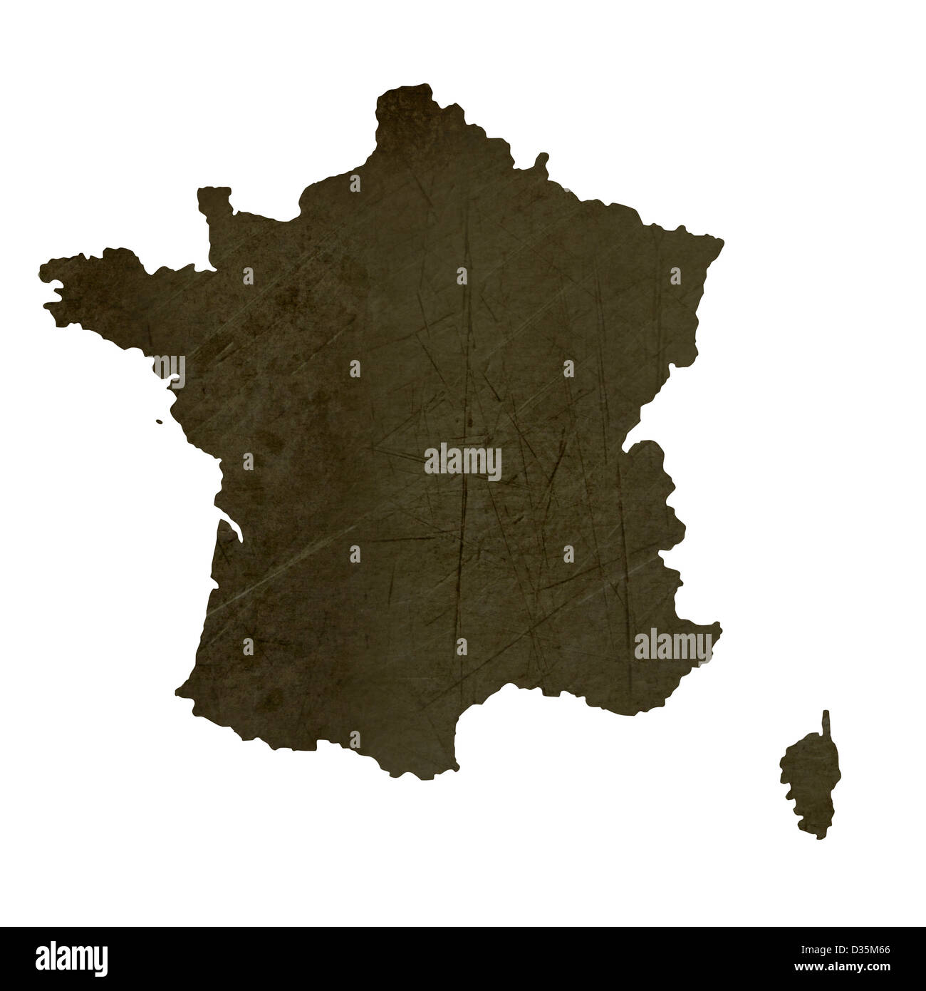 Dunkle Silhouette und strukturierten Landkarte von Frankreich isoliert auf weißem Hintergrund. Stockfoto