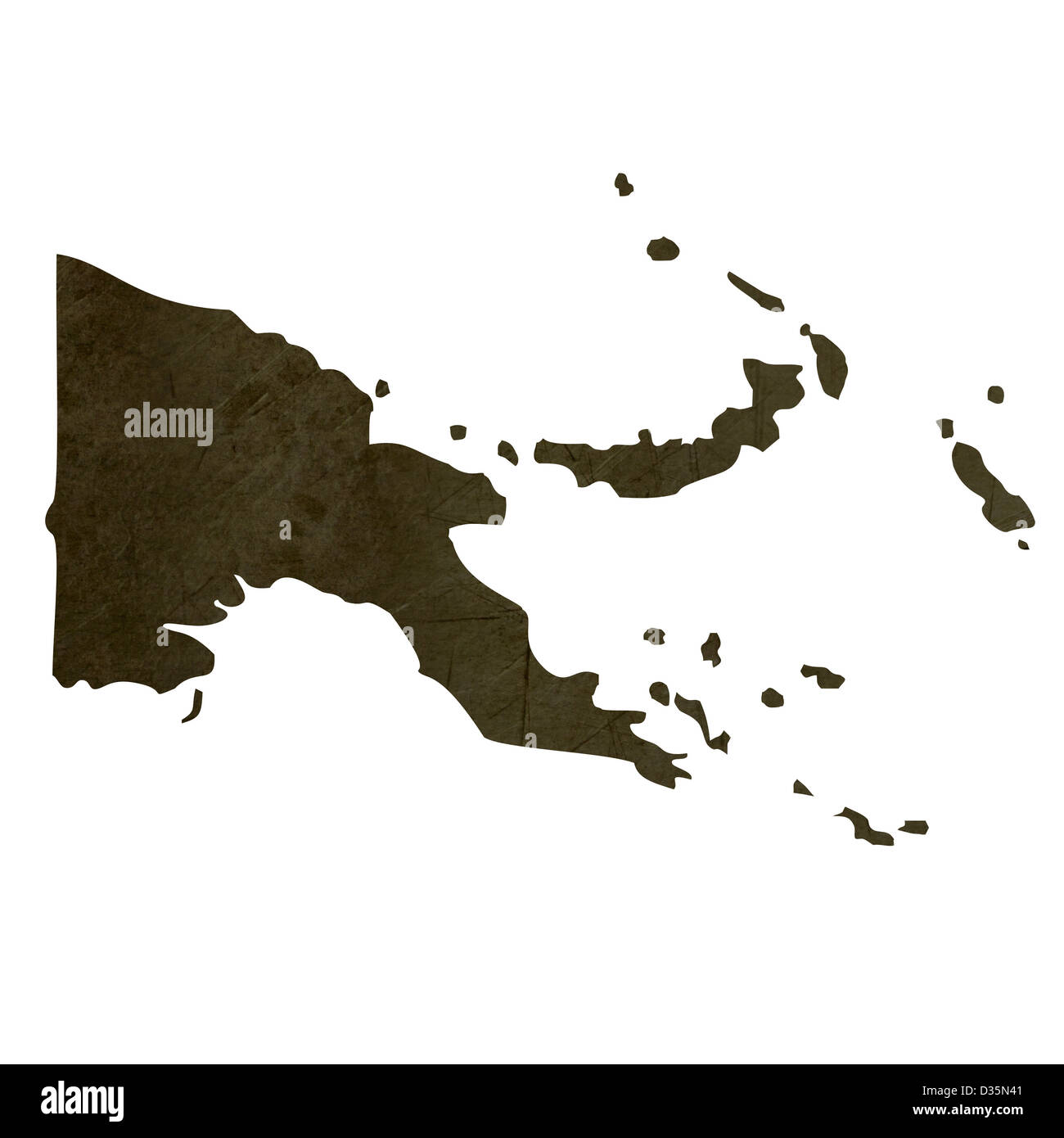 Dunkle Silhouette und strukturierte Karte von Papa Neuguinea isoliert auf weißem Hintergrund. Stockfoto
