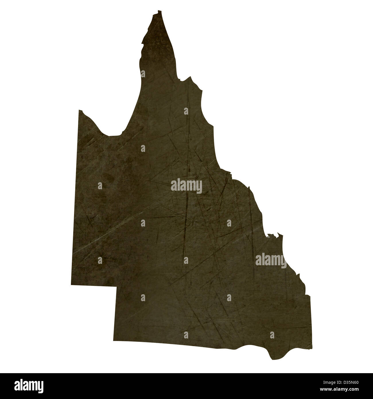 Dunkle Silhouette und strukturierte Karte der Provinz Queensland Australien isoliert auf weißem Hintergrund. Stockfoto