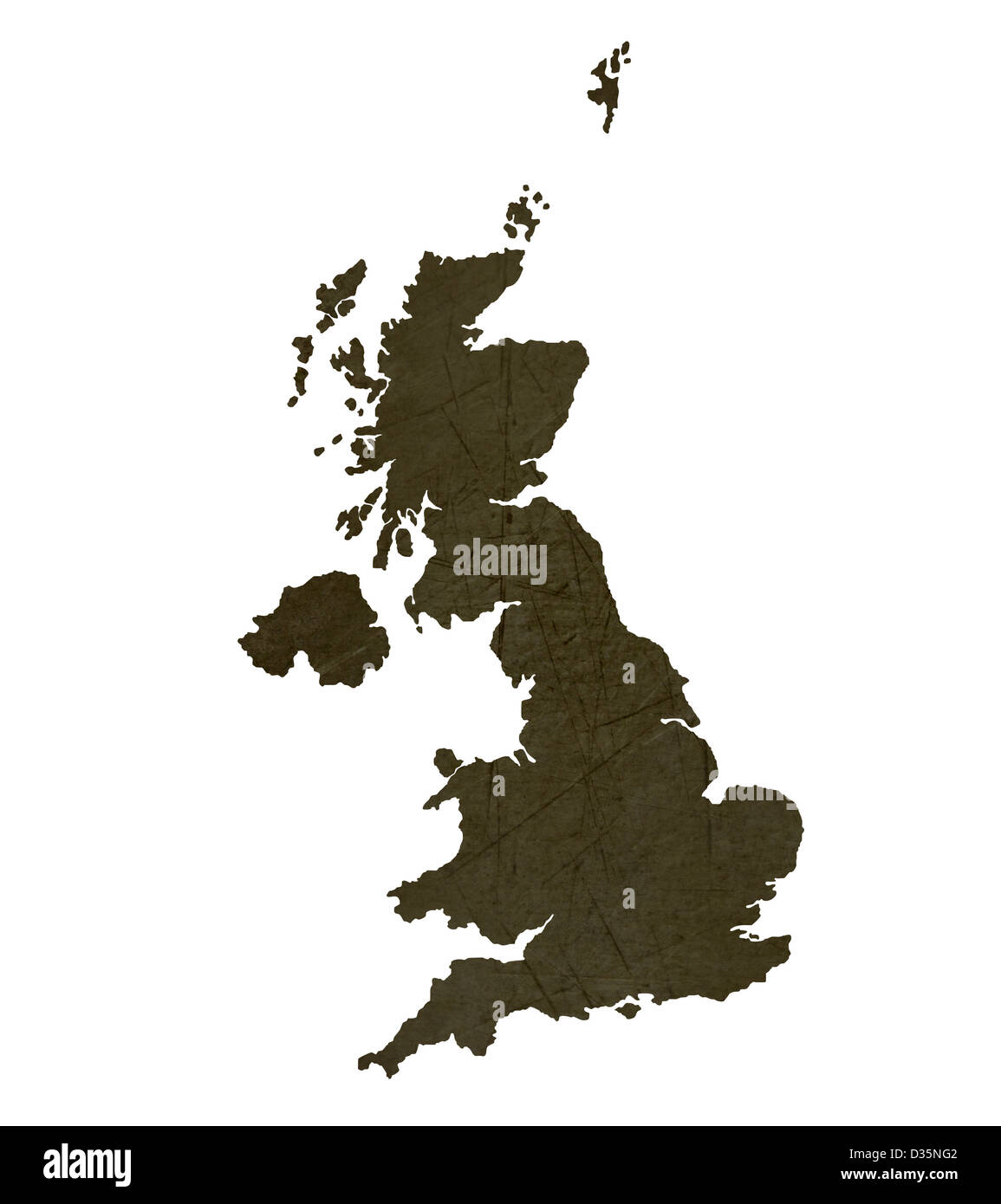 Dunkle Silhouette und strukturierte Karte des Vereinigten Königreichs isoliert auf weißem Hintergrund. Stockfoto
