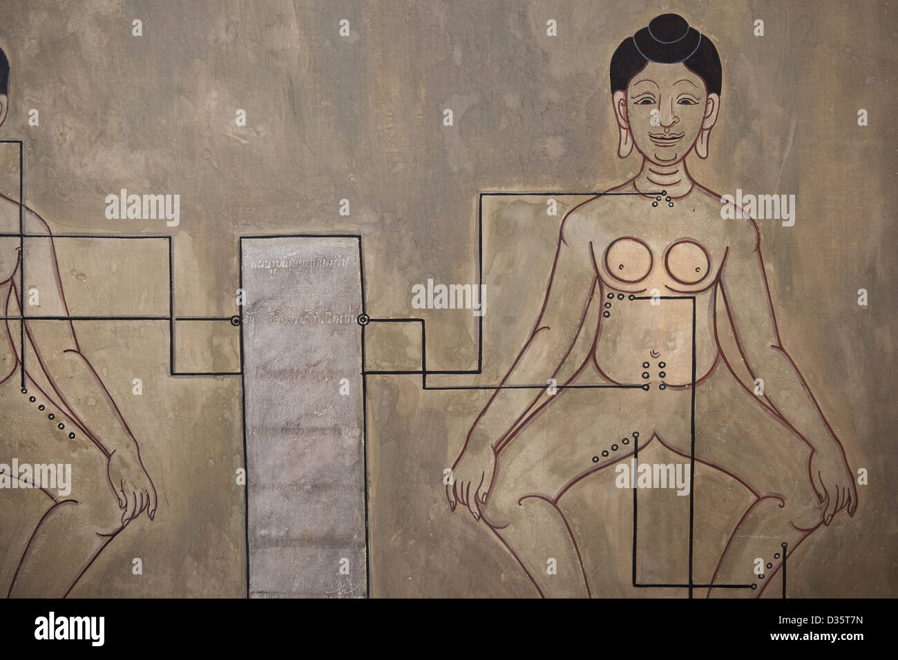Thailand Tempel, Bangkok Kultur mit Wandmalerei von Akupunkturpunkten an der Wat Po in Bangkok Stockfoto