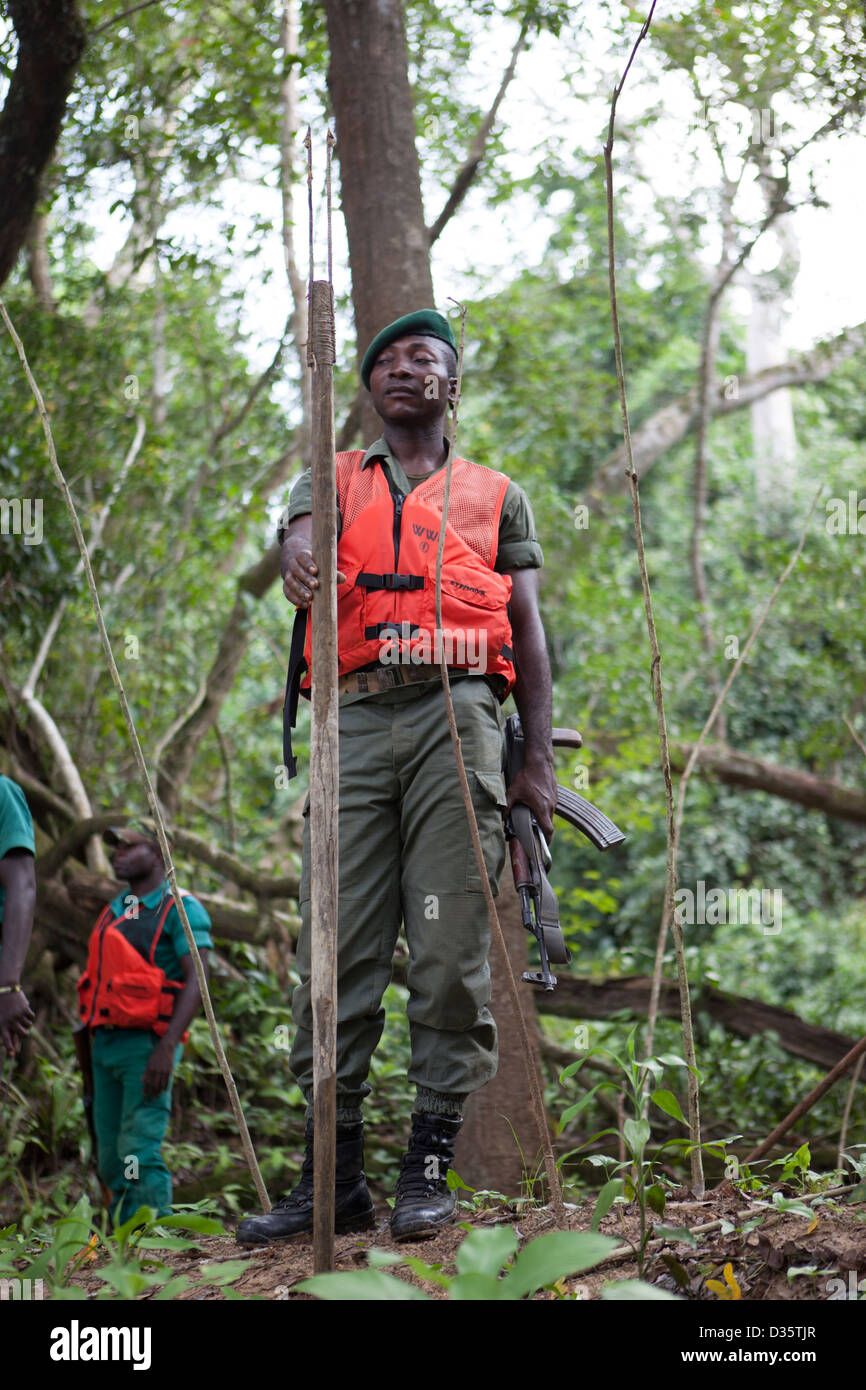 Kongo, 29. September 2012: ein Dozententraining hält grobe Doppel Harpune auf eine illegale Fischerei-Camp am Ufer des Flusses Dja gefunden. Stockfoto