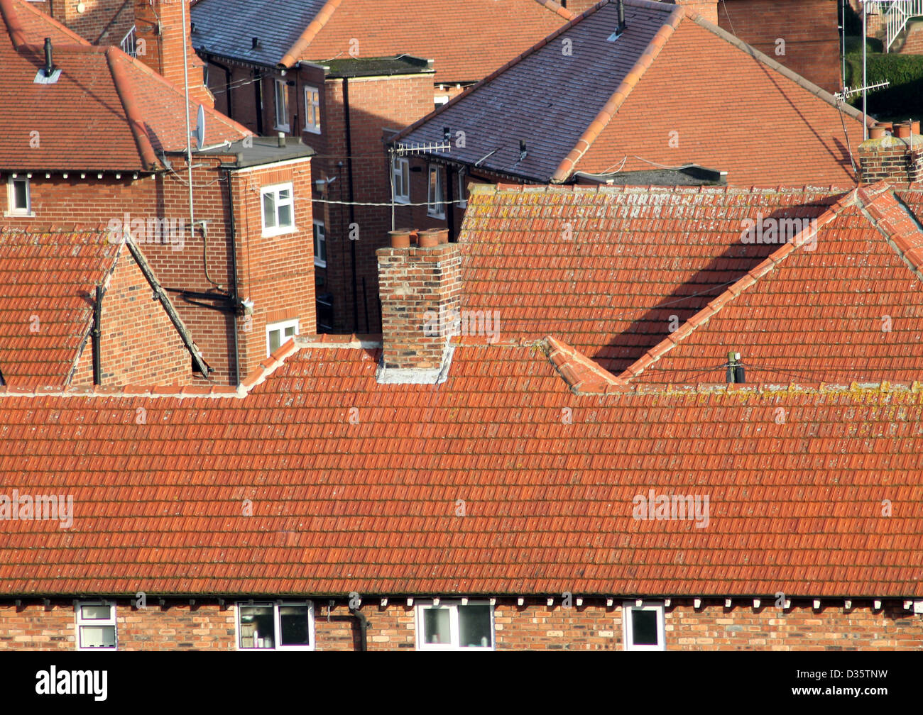 Rote Ziegeln auf Haus Dächer in englischen Wohnsiedlung, Scarborough. Stockfoto