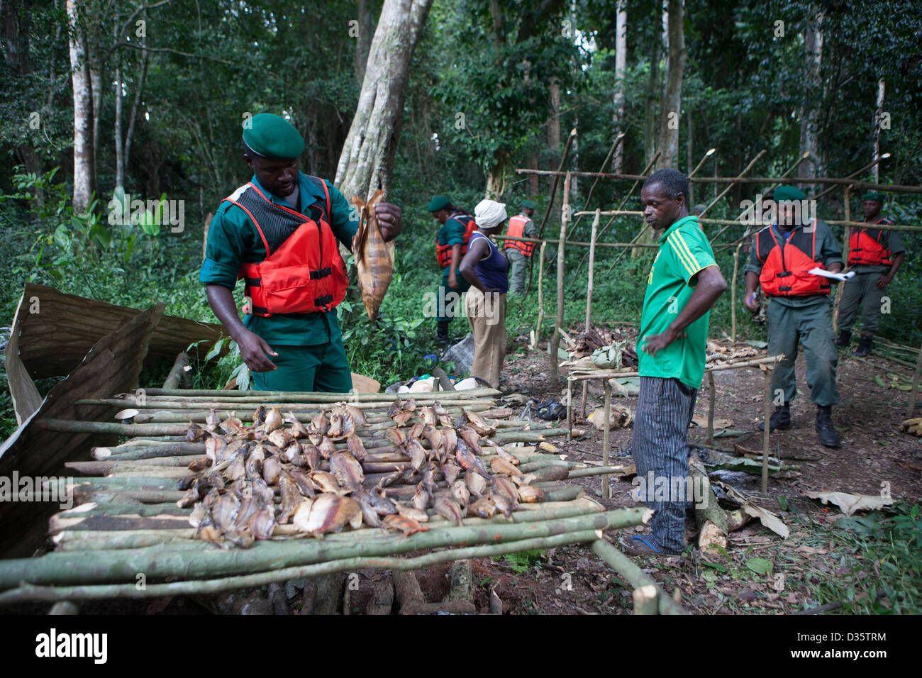 Kongo, 29. September 2012: eine Bi-nationale Gruppe von Ecoguards aus Kamerun und Gabun zerstören eine illegale Fischerei-Camp am Ufer des Flusses Dja. Stockfoto
