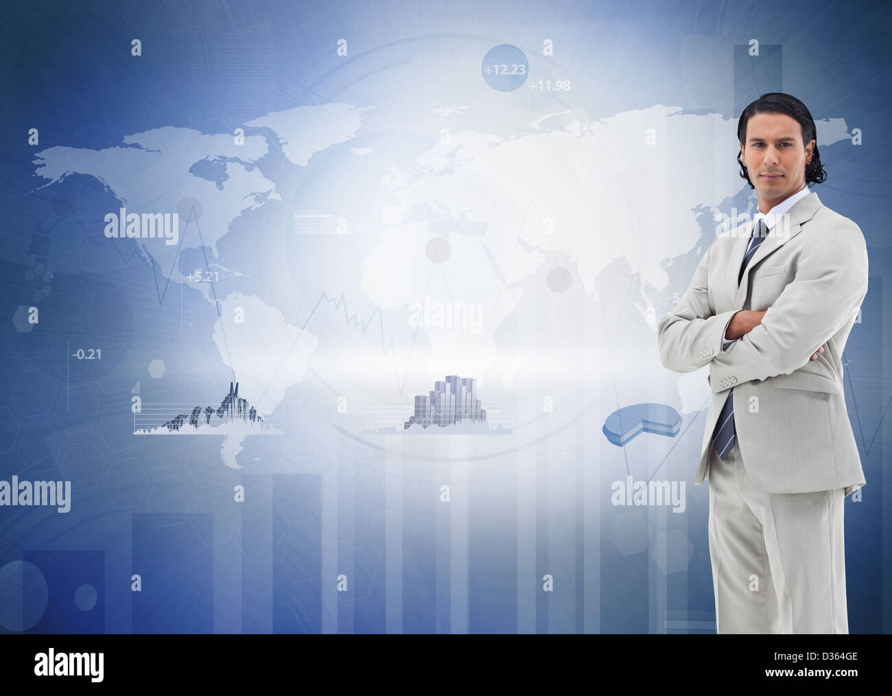 Geschäftsmann gegen die digital World map Stockfoto