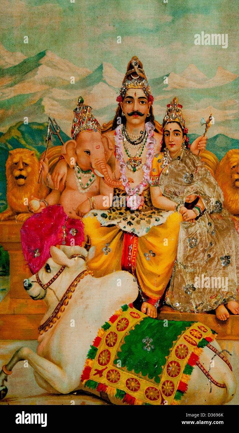 Shiva und Familie mit Ganesha Lion heilige Kuh hinduistische Indien Stockfoto