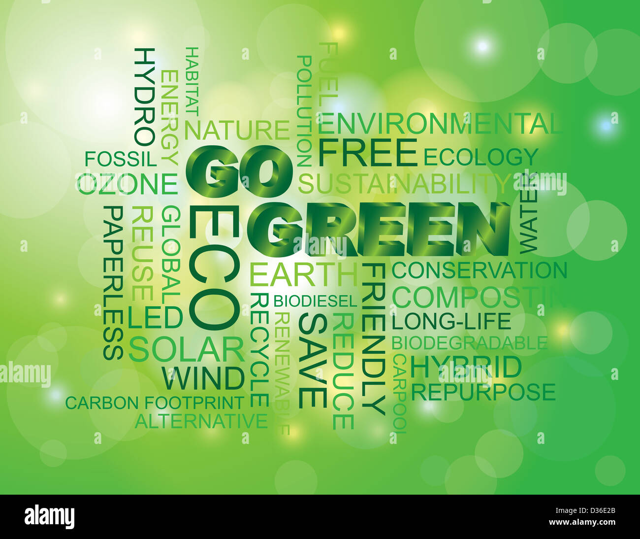 Gehen Sie Grün Eco Word Cloud Illustration isoliert auf grünem Hintergrund Bokeh Stockfoto